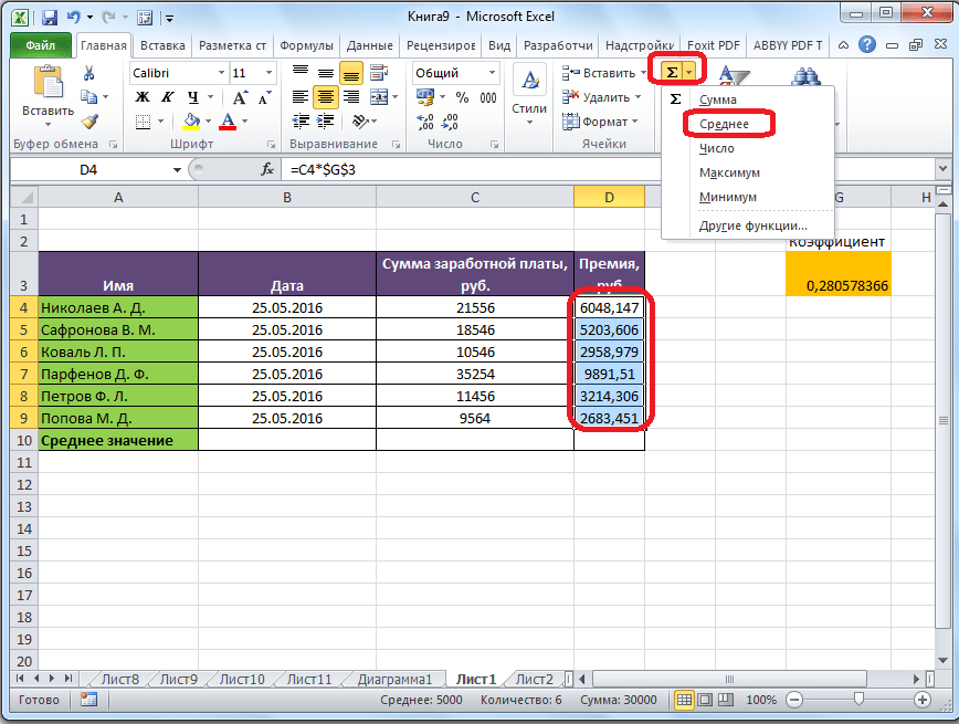 Excel среднее значение