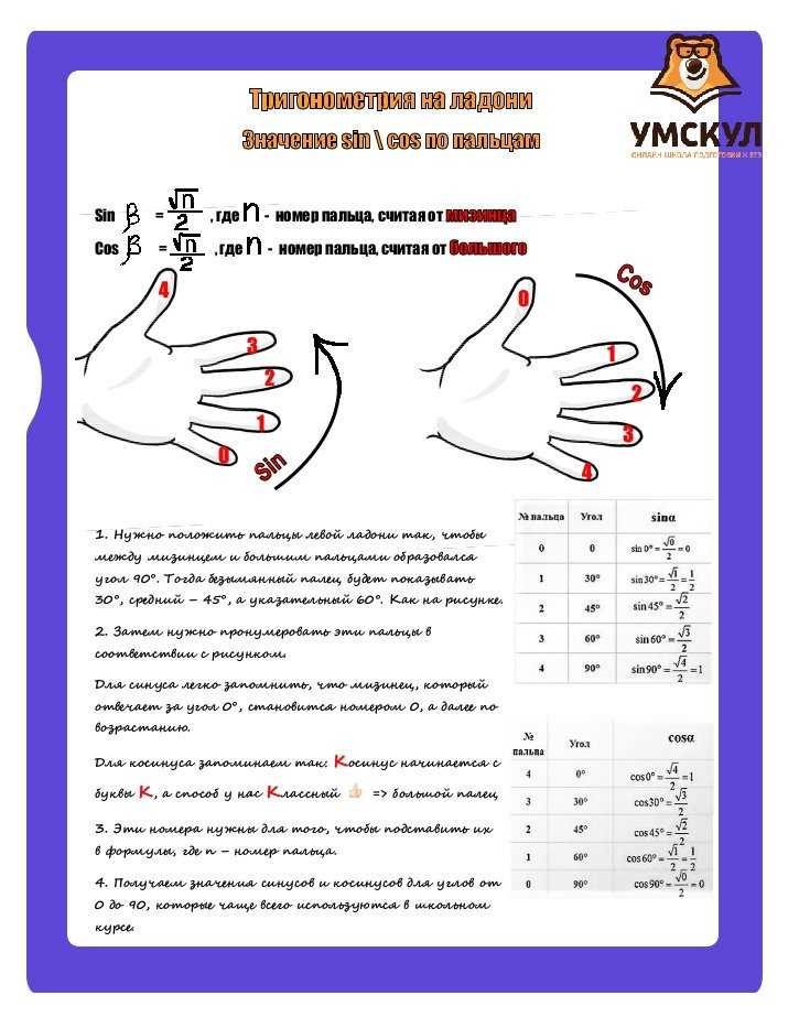 Умскул огэ физика. Как запомнить таблицу синусов. Как запомнить синусы и косинусы по руке. Как выучить тригонометрию. Тригонометрия на пальцах рук.