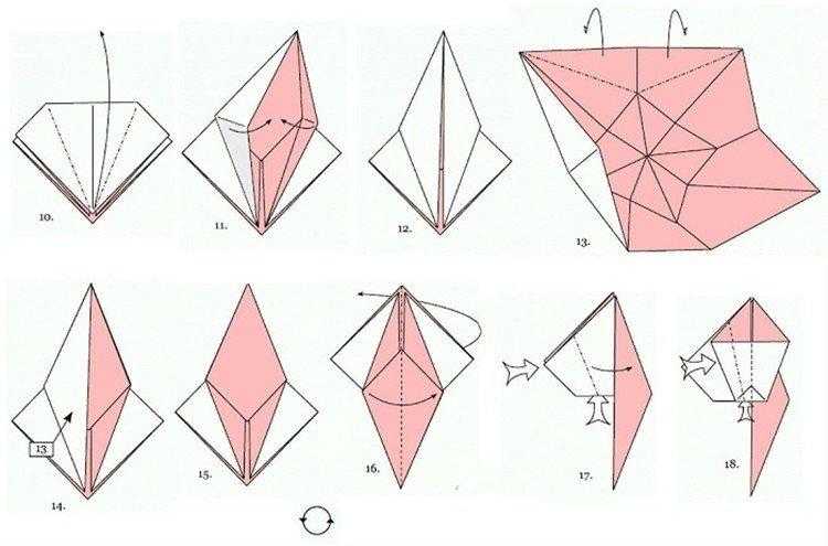 Подробная схема оригами журавлика из бумаги поэтапно